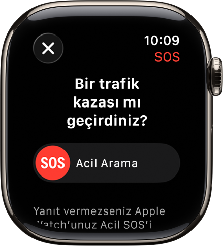 Acil servis aramasını başlatmak için SOS sürgüsünü gösteren Trafik Kazası Algılama ekranı.