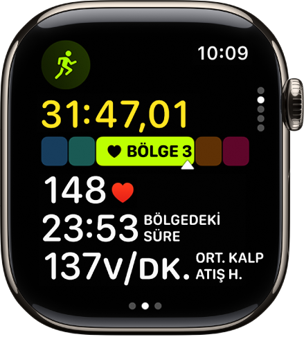 Antrenmanın geçen süresini, şu anda bulunduğunuz bölgeyi, kalp atış hızınızı, bölgedeki sürenizi ve ortalama kalp atış hızınızı gösteren sürmekte olan bir koşu antrenmanı.