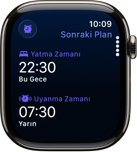 Apple Watch’ta gecenin uyku planını gösteren Uyku uygulaması. Yatma Zamanı üstte, Uyanma Zamanı onun altında.