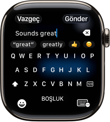 Ekran klavyesi ile oluşturulmuş bir mesajı gösteren metin alanı ekranı. Emoji ve Ekran Klavyesi düğmeleri ekranın en altındadır.