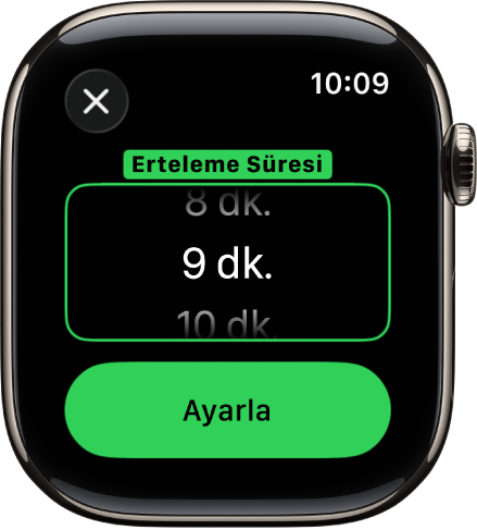 Alarmlar uygulamasında Erteleme Süresi’ni ayarlama seçeneklerini gösteren saat ekranı.