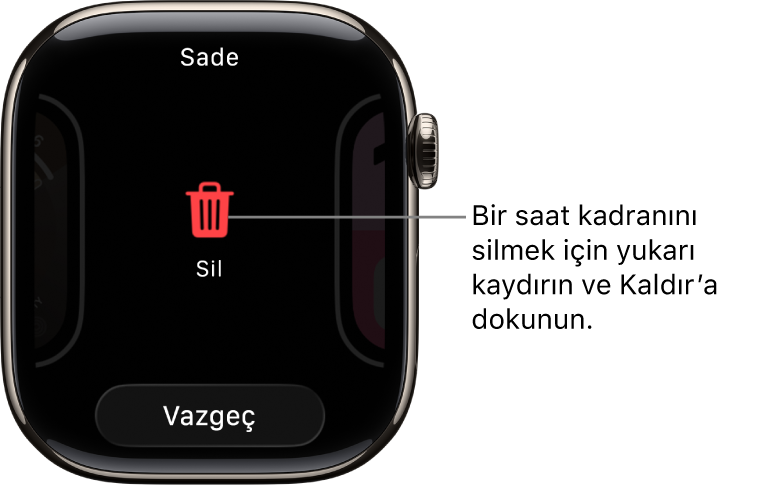 Ekranı bir saat kadranına kaydırıp bu kadranı silmek üzere yukarı kaydırdıktan sonra görünen Sil ve Vazgeç düğmelerini gösteren Apple Watch ekranı.