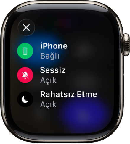iPhone’un bağlı olduğunu, konumun Mesajlar tarafından kullanıldığını, Sessiz Mod’un açık olduğunu ve Rahatsız Etme’nin açık olduğunu gösteren durum ayrıntıları.