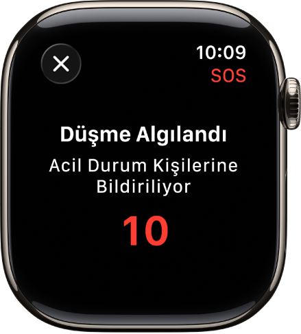 “Düşme Algılandı” mesajını ve acil durum kişilerine bildirim için geri sayımı gösteren bir ekran.