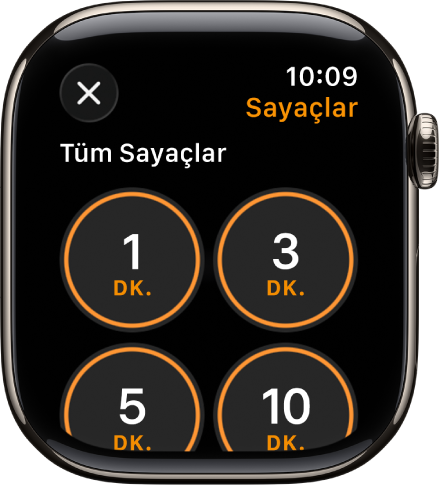 Sayaç uygulaması ekranı; yeni bir sayaç yaratmaya yönelik ekle düğmesini ve 1,3, 5 veya 10 dakikalık hızlı sayaçları gösteriyor.