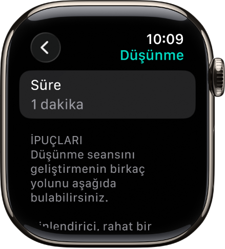 Farkındalık uygulaması ekranı en üstte 1 dakikalık bir süre gösteriyor. Onun altında Düşünme seansını geliştirmeye yardımcı olan ipuçları var.