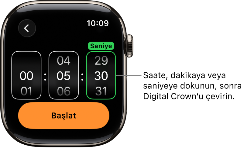 Solda saat, ortada dakika ve sağda saniye ile özel bir sayaç yaratma ayarları. Başlat düğmesi alt tarafta.