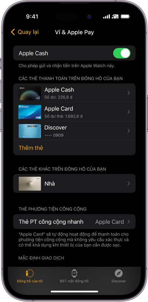 Một màn hình iPhone đang hiển thị cài đặt Ví & Apple Pay trong ứng dụng Apple Watch.