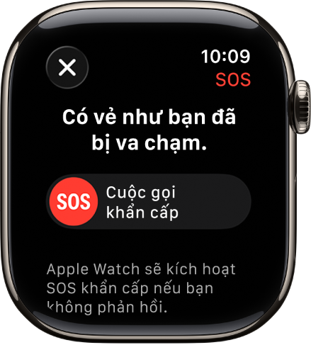 Màn hình Phát hiện va chạm đang hiển thị thanh trượt SOS để bắt đầu cuộc gọi khẩn cấp.