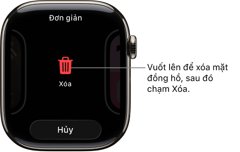 Màn hình Apple Watch đang hiển thị các nút Xóa và Hủy, xuất hiện sau khi bạn vuốt đến một mặt đồng hồ, sau đó vuốt mặt đồng hồ lên để xóa.