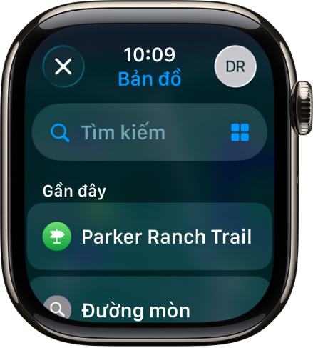 Màn hình Tìm kiếm trong ứng dụng Bản đồ, với trường Tìm kiếm ở gần trên cùng. Một danh sách Tìm kiếm gần đây xuất hiện ở dưới cùng.