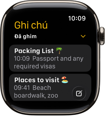 Một danh sách ghi chú với các ghi chú được ghim ở trên cùng.