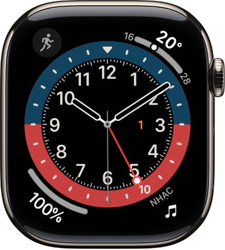 Mặt đồng hồ GMT, nơi bạn có thể điều chỉnh màu của mặt đồng hồ. Mặt đồng hồ này hiển thị bốn tổ hợp: Bài tập ở trên cùng bên trái, Dịch thuật ở trên cùng bên phải, Tin nhắn ở dưới cùng bên trái và Nhạc ở dưới cùng bên phải.