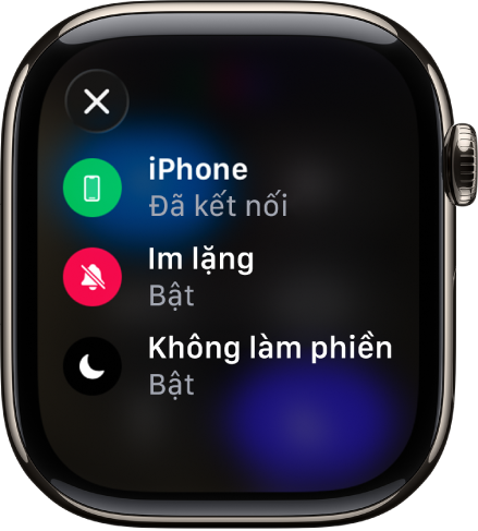 Chi tiết trạng thái đang hiển thị iPhone được kết nối, Vị trí đang được sử dụng bởi Tin nhắn, Chế độ im lặng được bật và Không làm phiền được bật.
