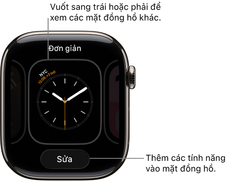 Một mặt đồng hồ đang hiển thị các nút Chia sẻ và Sửa xuất hiện sau khi bạn chạm và giữ mặt đồng hồ. Tên của mặt đồng hồ ở trên cùng. Vuốt sang trái hoặc phải để xem các tùy chọn mặt đồng hồ khác. Chạm vào một tổ hợp để thêm các tính năng bạn muốn.