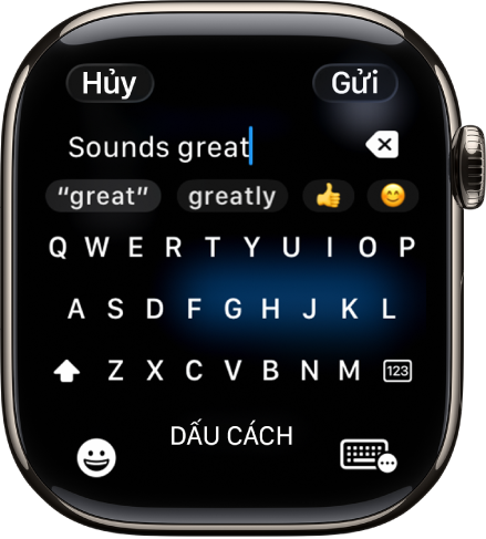 Màn hình trường văn bản đang hiển thị một tin nhắn được tạo bằng bàn phím ảo. Các nút Biểu tượng và Bàn phím ảo ở cuối màn hình.