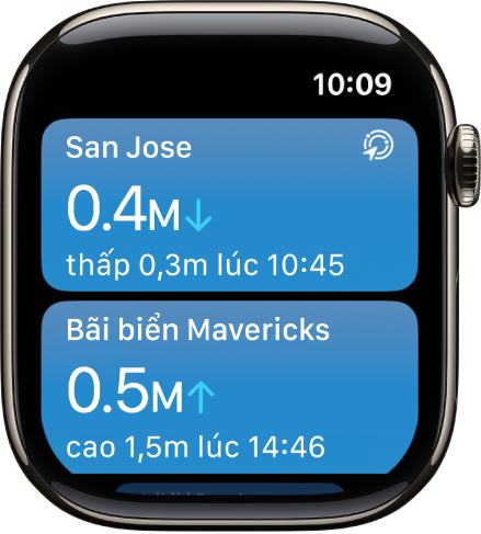 Một màn hình trong ứng dụng Thủy triều đang hiển thị danh sách các vị trí với thông tin thủy triều.