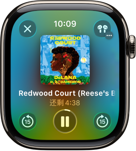 有声书的“播放”屏幕。“关闭”按钮位于左上方,“更多”按钮位于右上方,快退 15 秒钟按钮位于左下方,播放/暂停按钮位于底部中间,快进 15 秒钟按钮位于右下方。中间是图书插图、章节编号和该章的剩余时间。