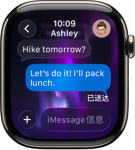 一则信息对话。App 按钮和信息栏位于底部。