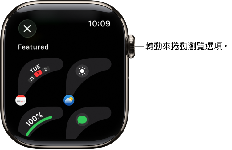 錶面的自訂畫面顯示精選複雜功能。轉動數碼錶冠以瀏覽複雜功能。