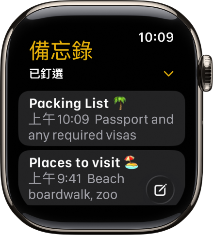 「備忘錄」畫面顯示兩則已釘選的備忘錄。