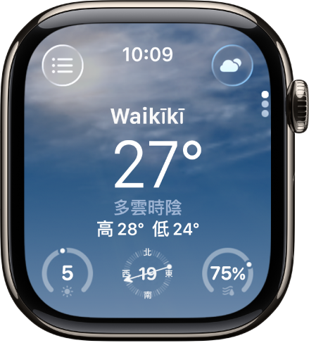「天氣」App 顯示當天天氣的概覽。該位置的名稱會顯示在目前溫度上方。底部有三個按鈕:紫外線指數、風速和降水機率。「位置列表」按鈕位於右上方,而「天氣狀況」按鈕位於左上方。