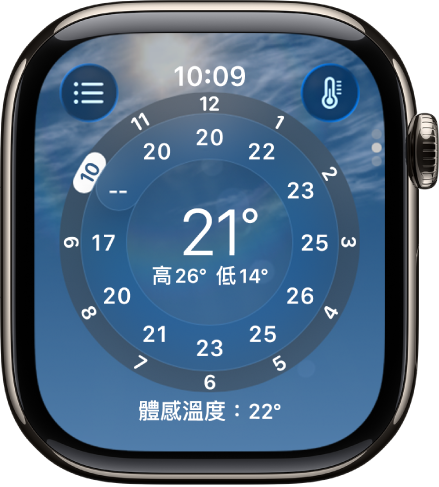 「天氣」App 顯示每小時的氣溫預報。