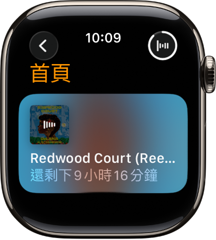 「有聲書」畫面顯示目前正在播放的書,包含書名和剩餘時間。「播放中」按鈕位於右上方。