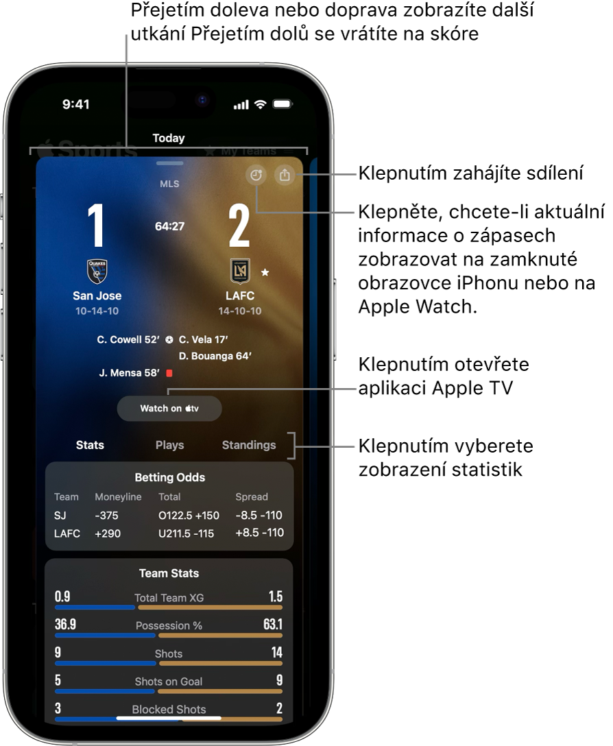 Detail karty utkání v aplikaci Apple Sports