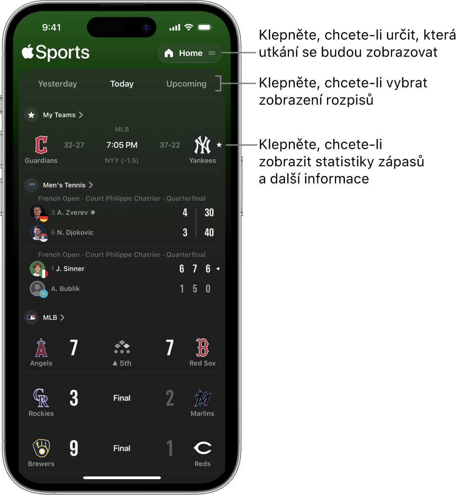 Podrobné informace o skóre v aplikaci Apple Sports
