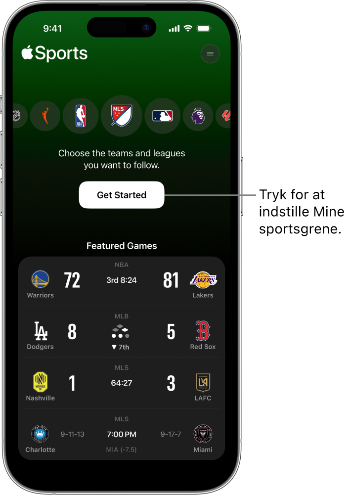 Skærmen Kom i gang i appen Apple Sports