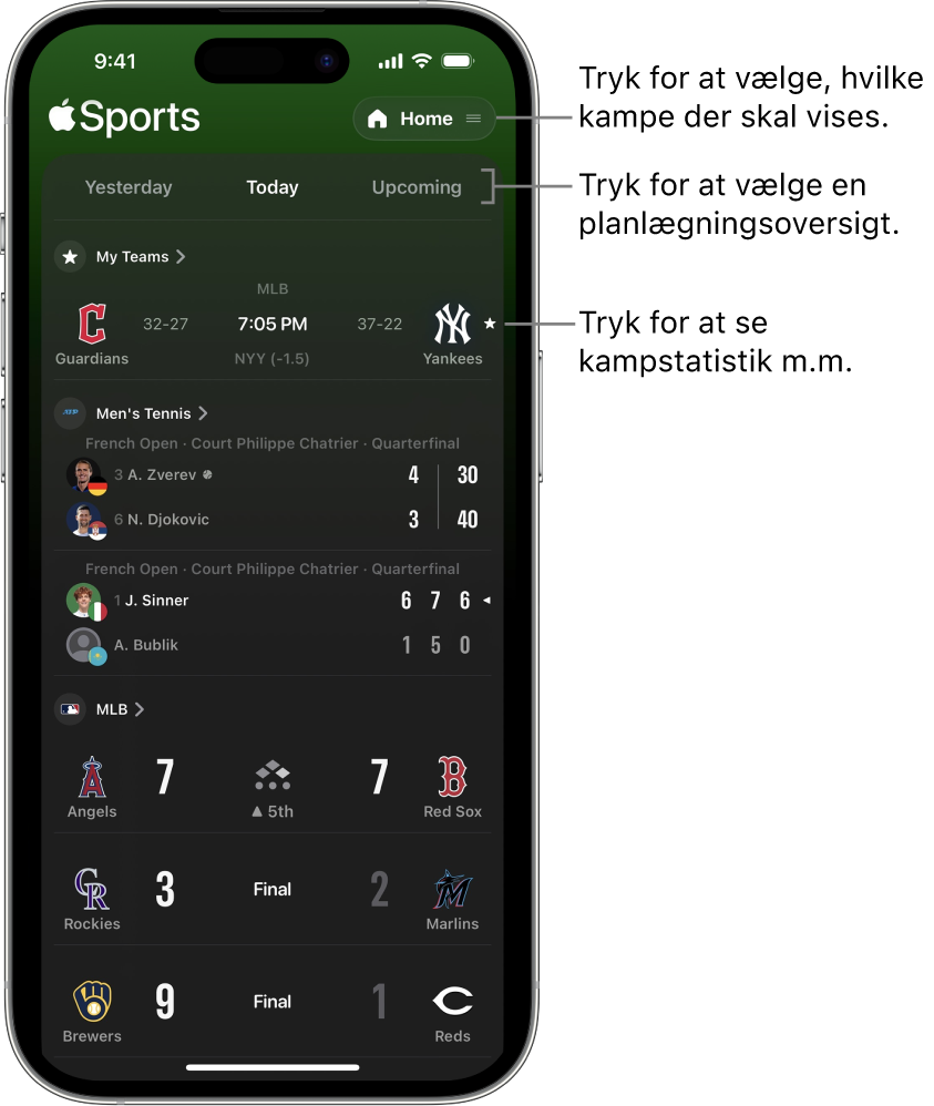 Oplysninger om resultater i appen Apple Sports