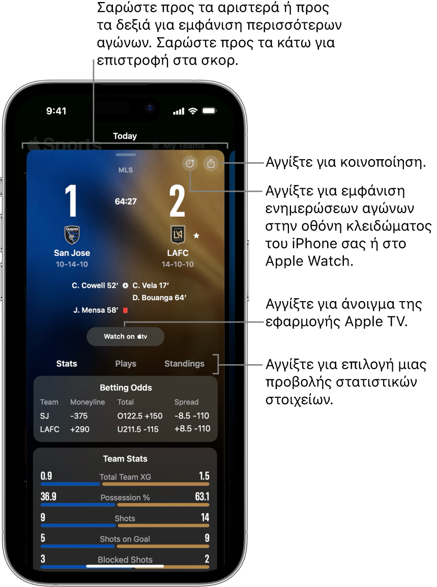 Λεπτομερής προβολή κάρτας αγώνα στην εφαρμογή Apple Sports