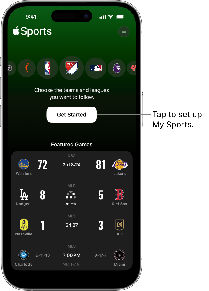 Get started screen in the Apple Sports app