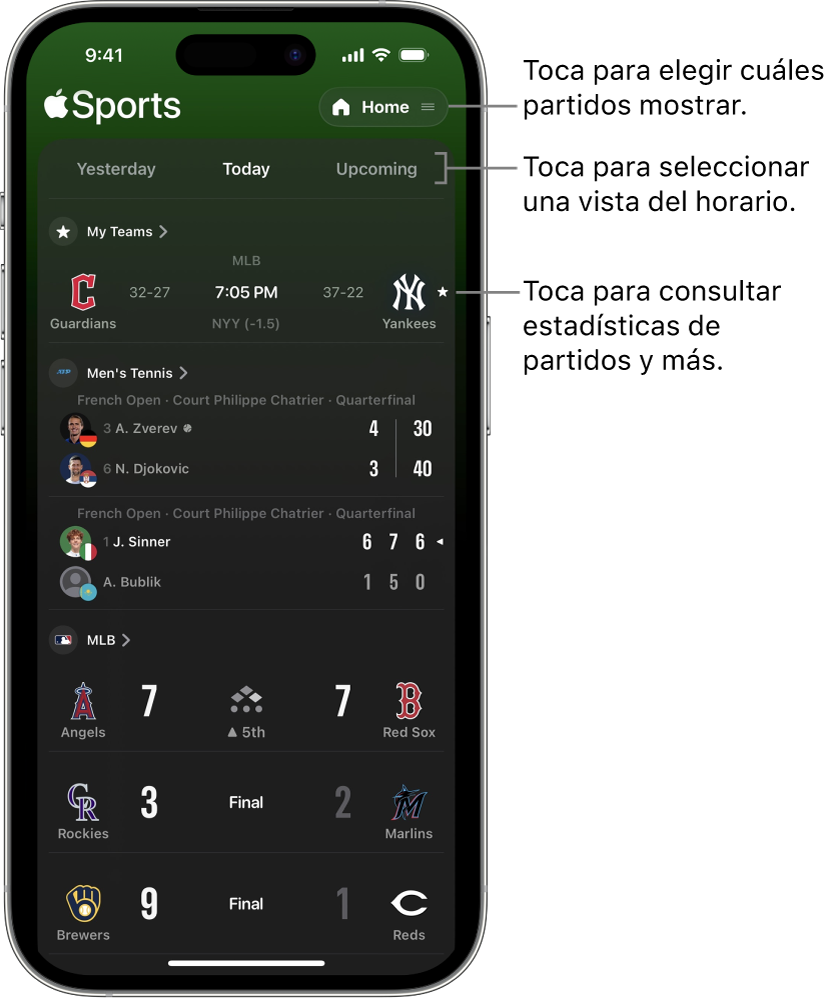 Detalle de marcadores en la app Deportes