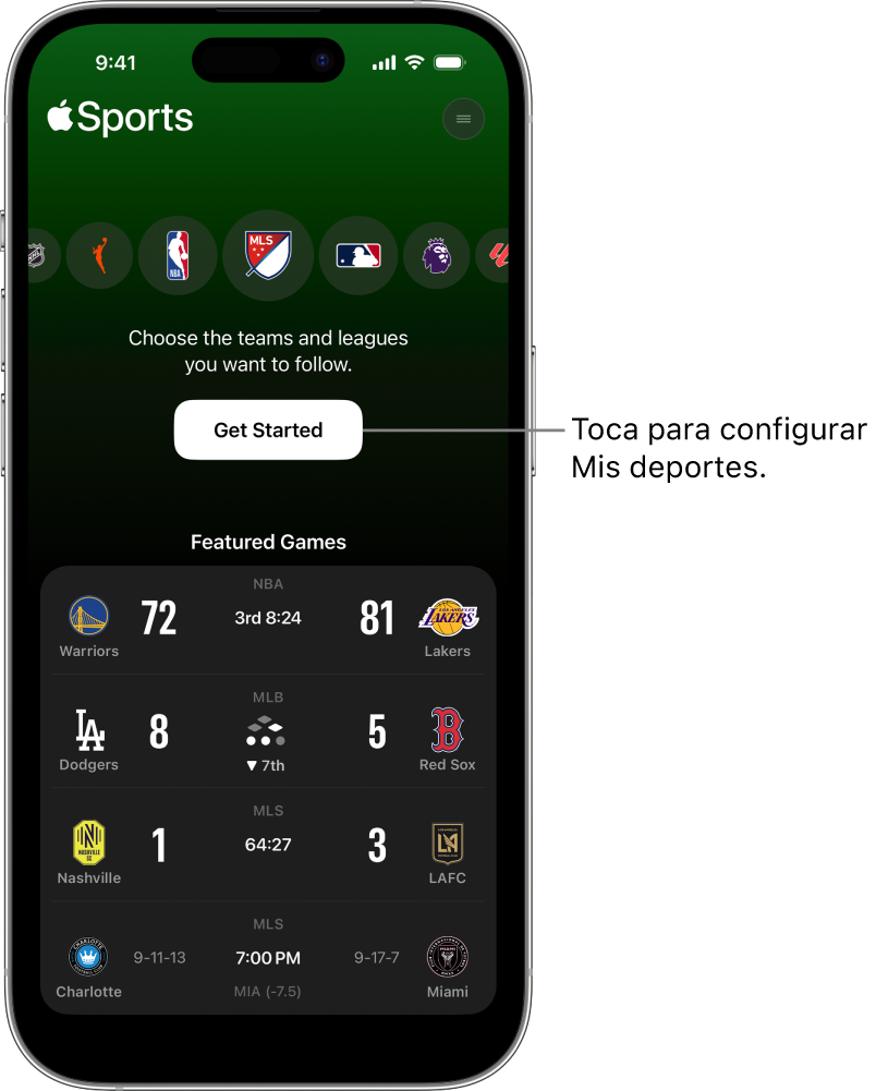Pantalla Empezar de la app Deportes