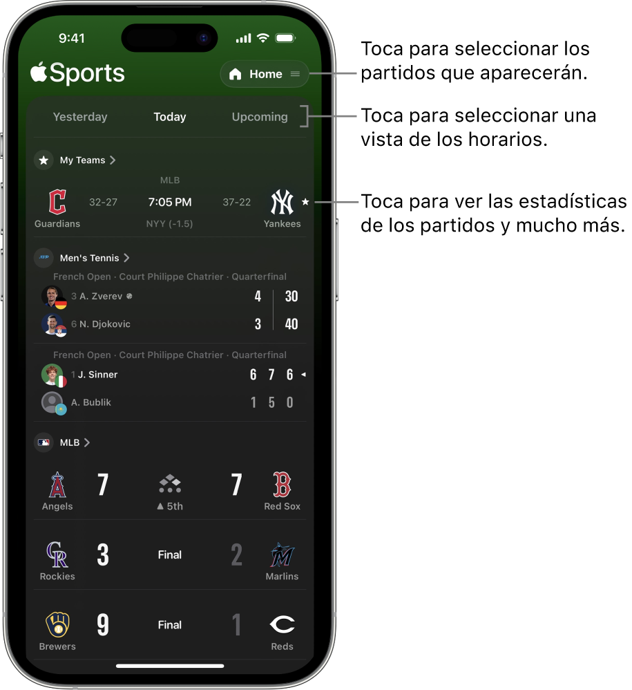 Detalles de los resultados en la app Apple Sports