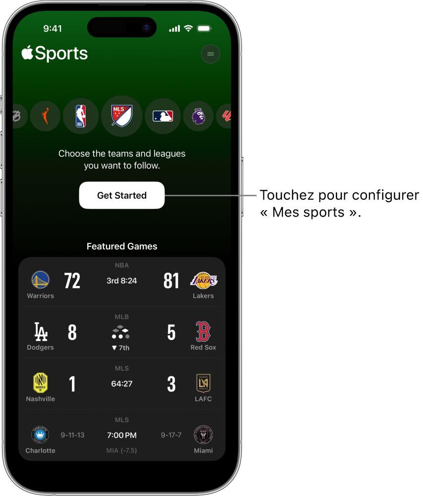 Écran Commencer de l’app Apple Sports