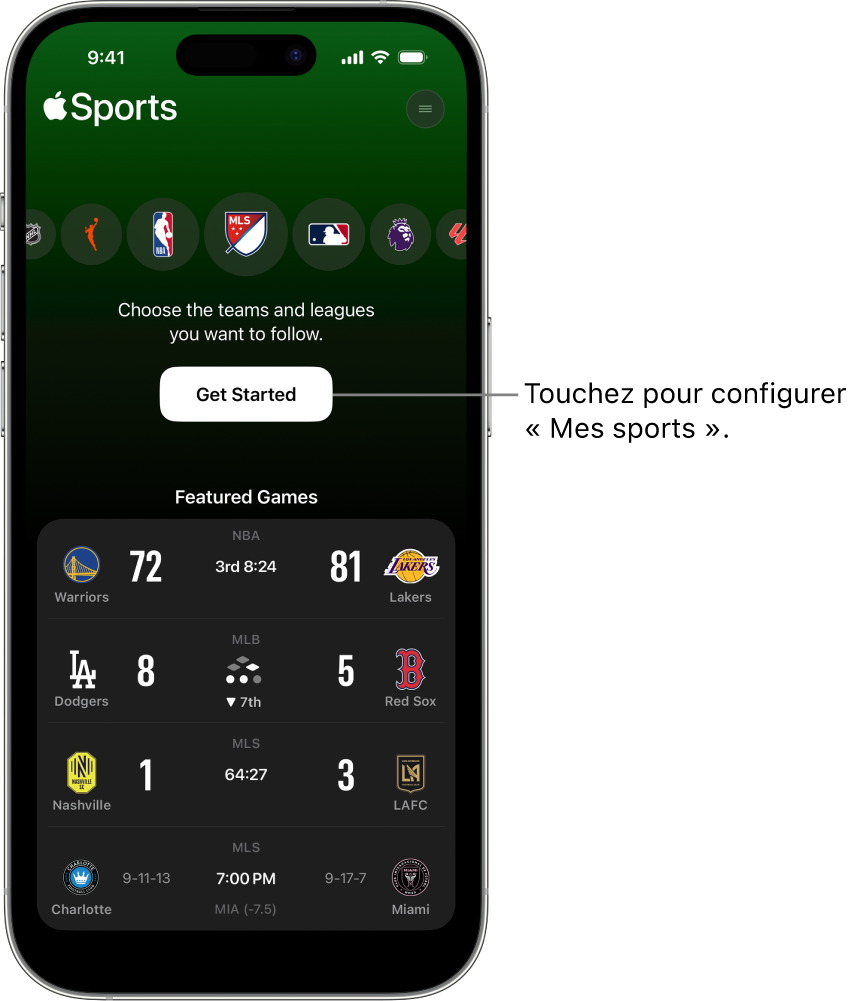 Écran de démarrage de l’app Apple Sports