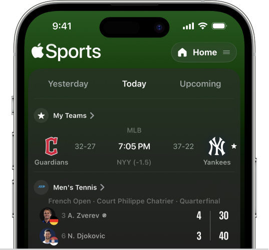 Zaslon s rezultatima aplikacije Apple Sports