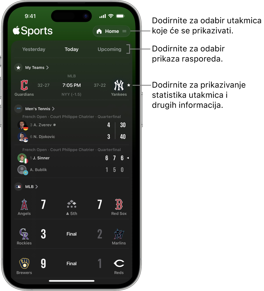 Detalji rezultata u aplikaciji Apple Sports