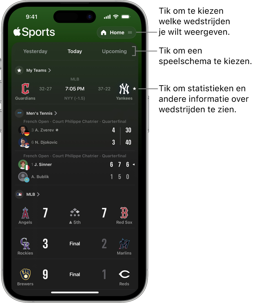 Gedetailleerde uitslagen in de Apple Sports-app