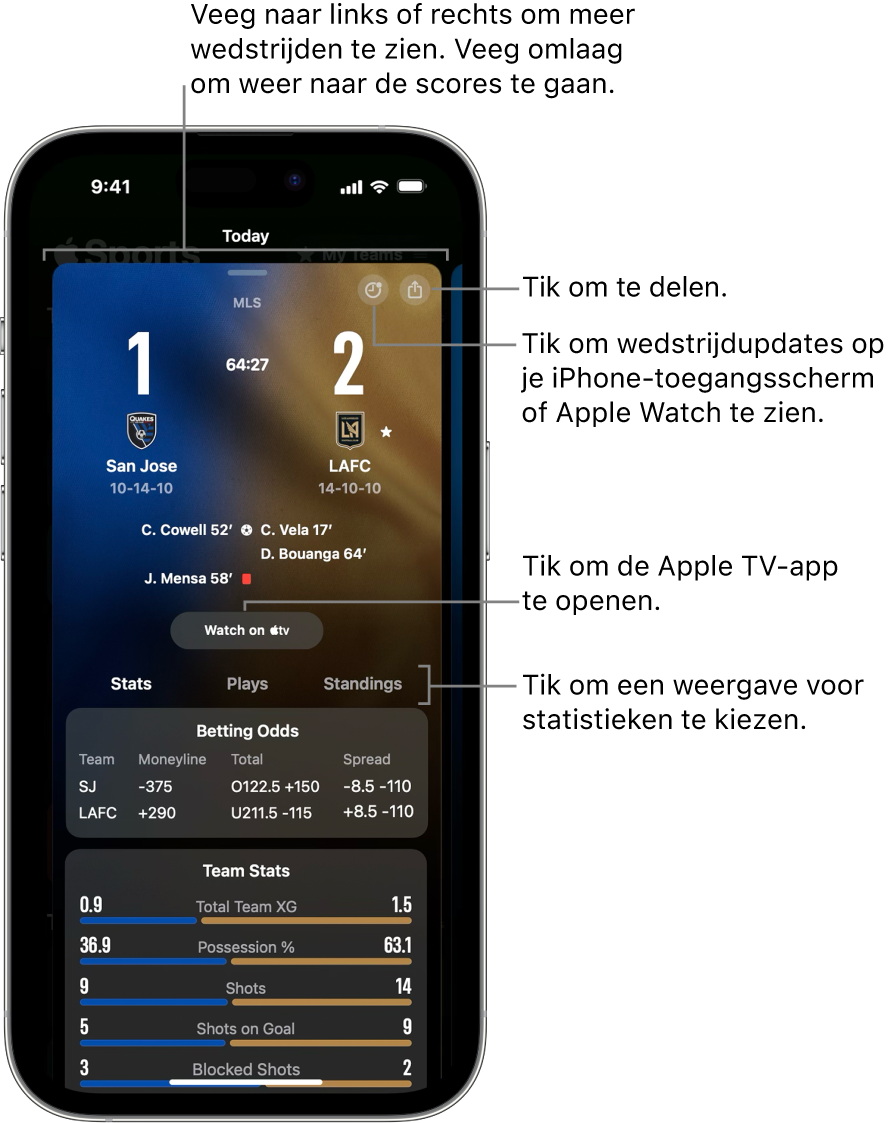 Onderdeel van een wedstrijdkaart in de Apple Sports-app