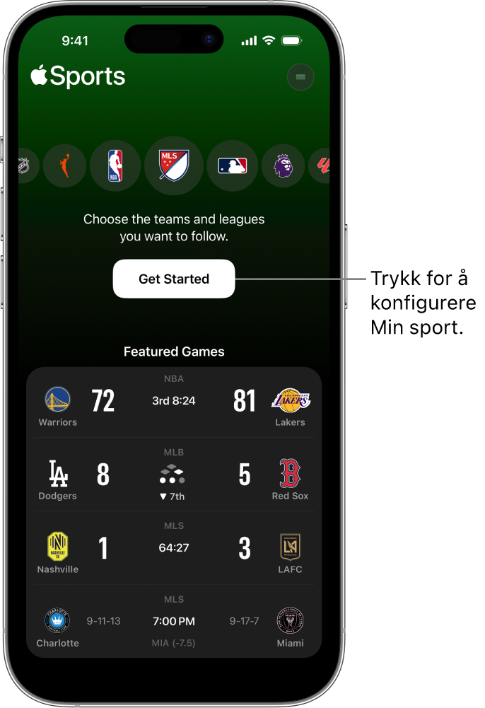 Kom i gang-skjermen i Sport-appen