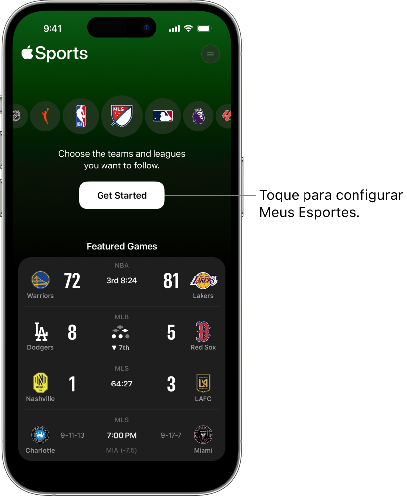 Tela de início do app Esportes