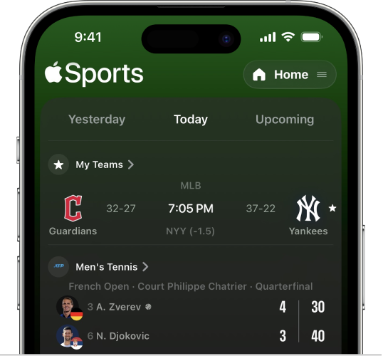 Ecrã de resultados da aplicação Apple Sports