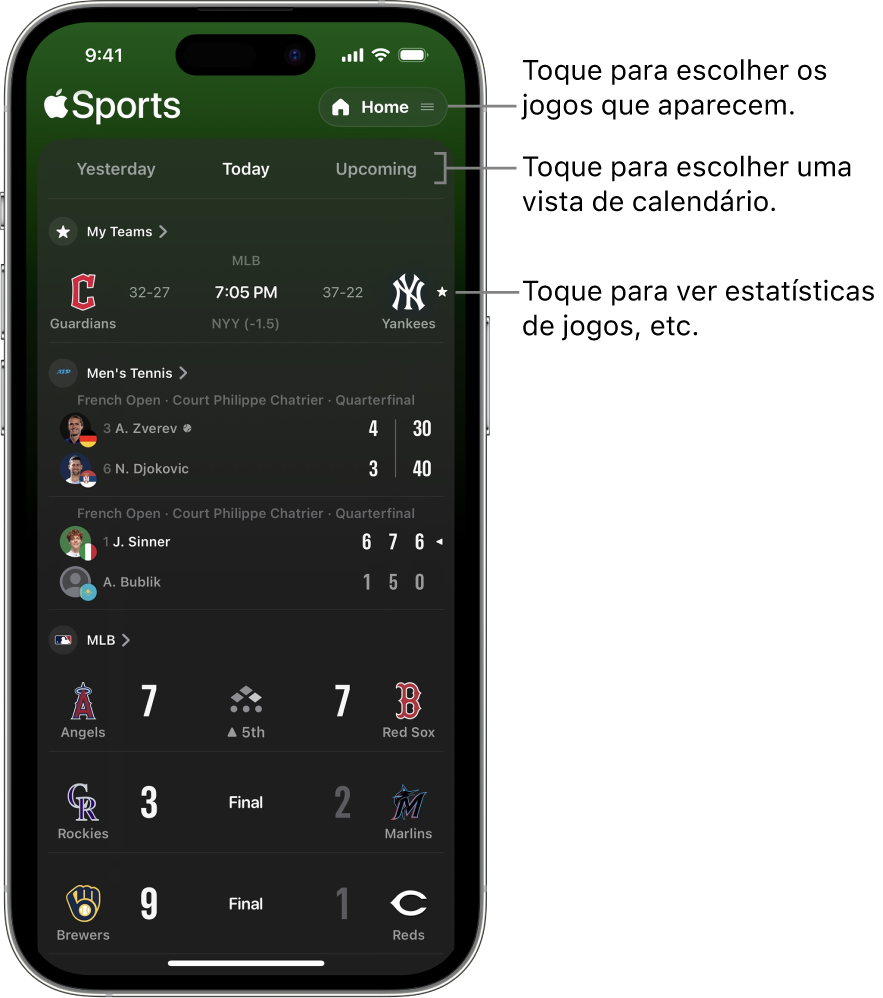 Detalhes de resultados na aplicação Apple Sports