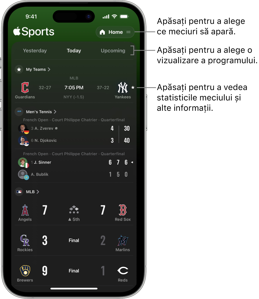 Detalii ale scorurilor în aplicația Apple Sports