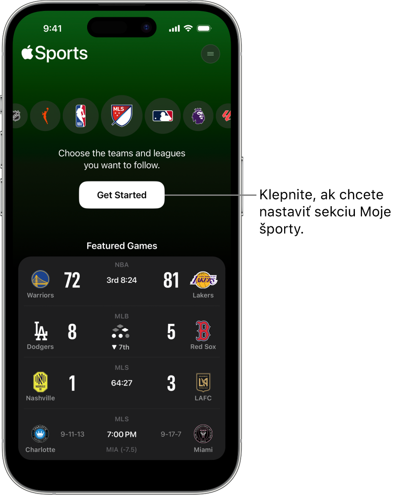 Úvodná obrazovka v apke Apple Sports