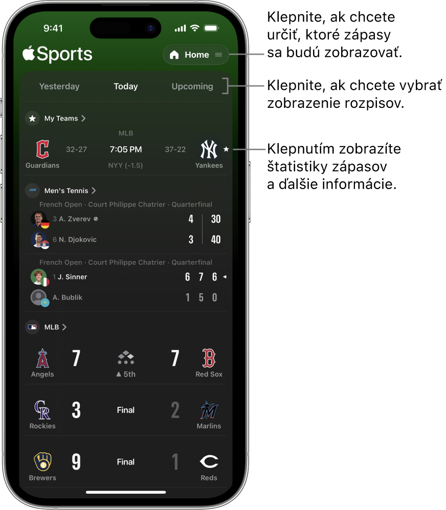 Podrobné skóre v apke Apple Sports